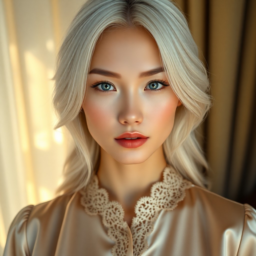 AI generated art for prompt: A high-angle portrait photograph of an East Asian woman with intense blue eyes and cascading platinu