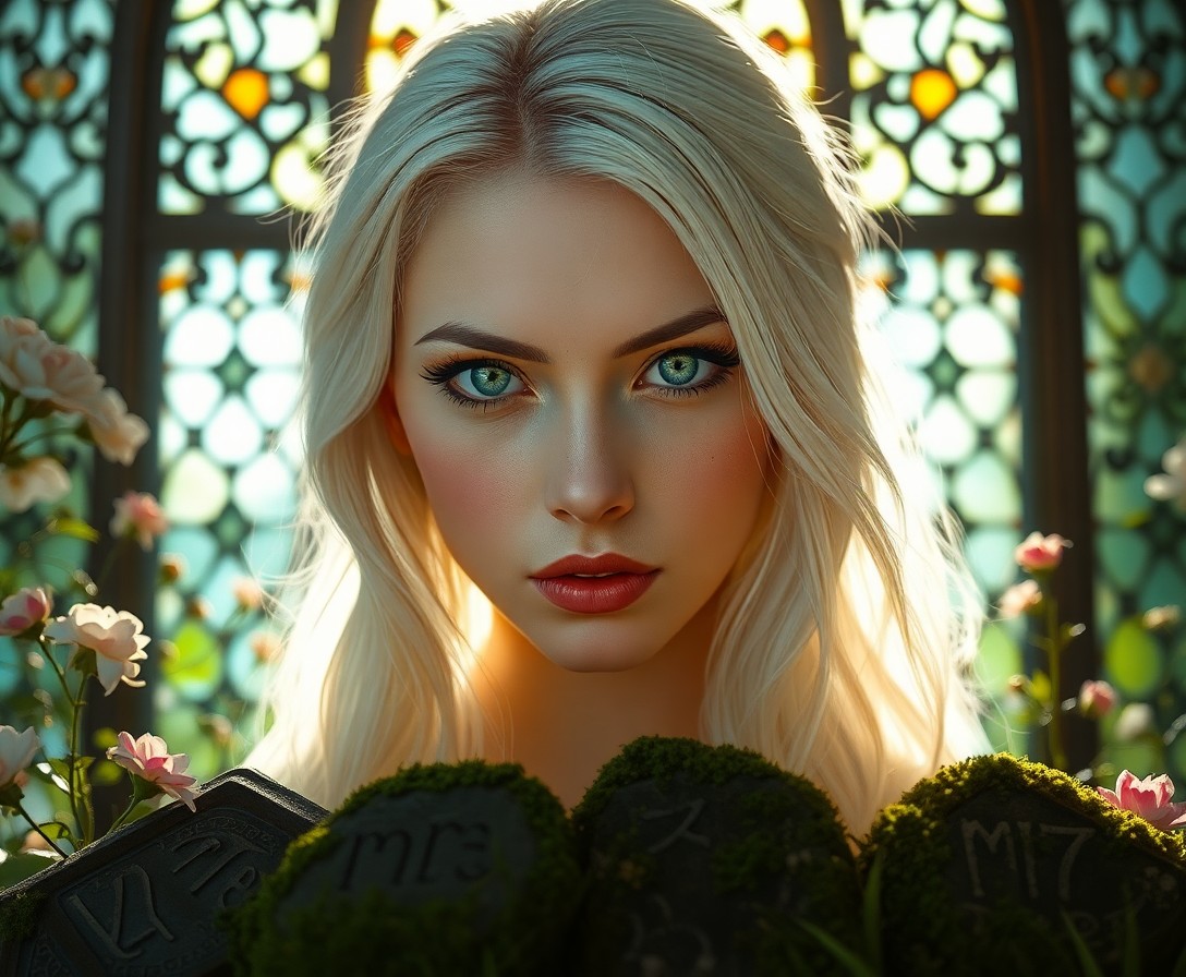 AI generated art for prompt: Envision an enigmatic Native American woman with piercing green eyes and cascading platinum blonde h