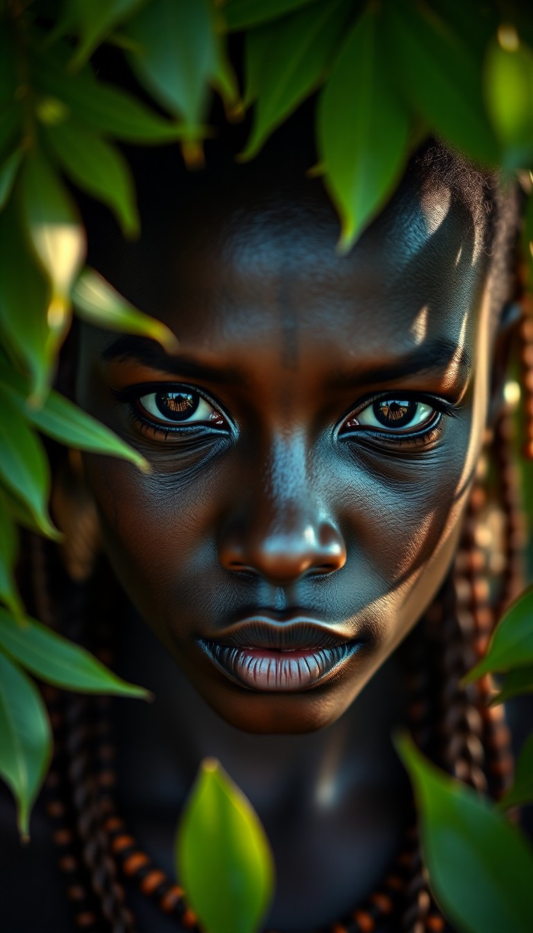 AI generated art for prompt: A photorealistic portrait photograph depicts an enigmatic African woman adorned with intricate triba