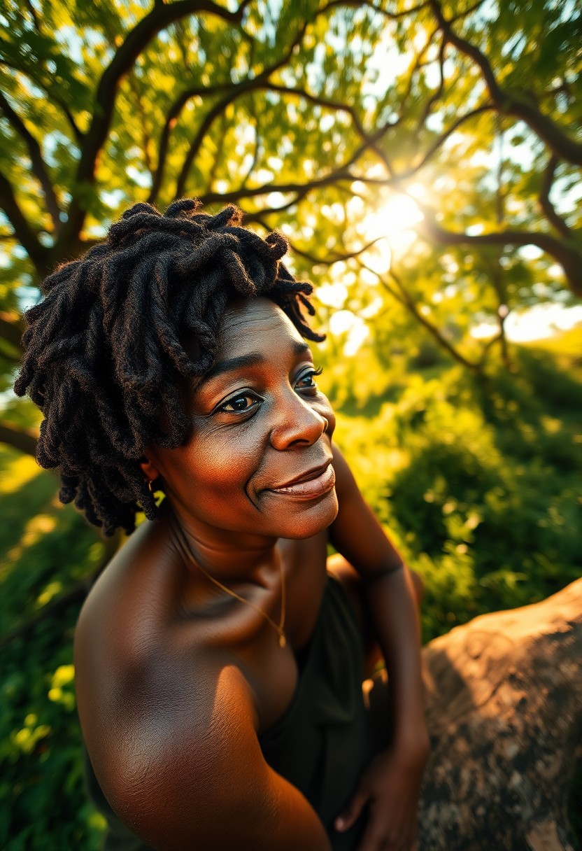 AI generated art for prompt: A DSLR captures a middle-aged African woman with warm brown skin and intricately coiled hair styled 