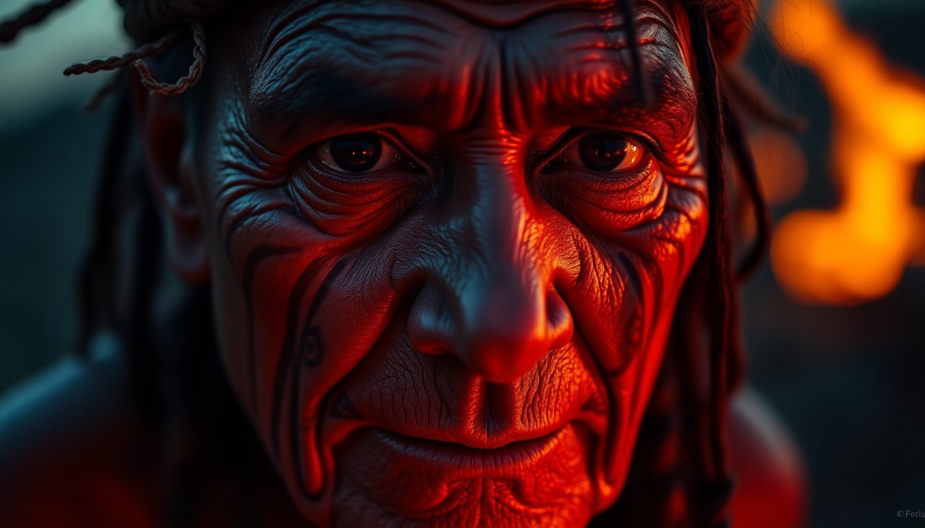 AI generated art for prompt: Envision a captivating portrait photograph of a Maori elder, their enigmatic gaze and intricately ta