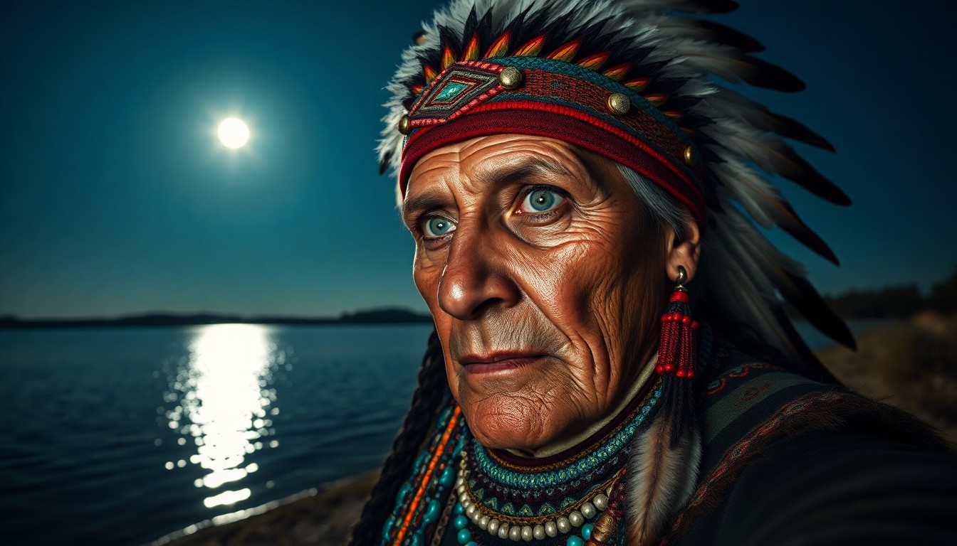 AI generated art for prompt: A photorealistic portrait of a Native American elder with weathered skin and piercing green eyes, ad