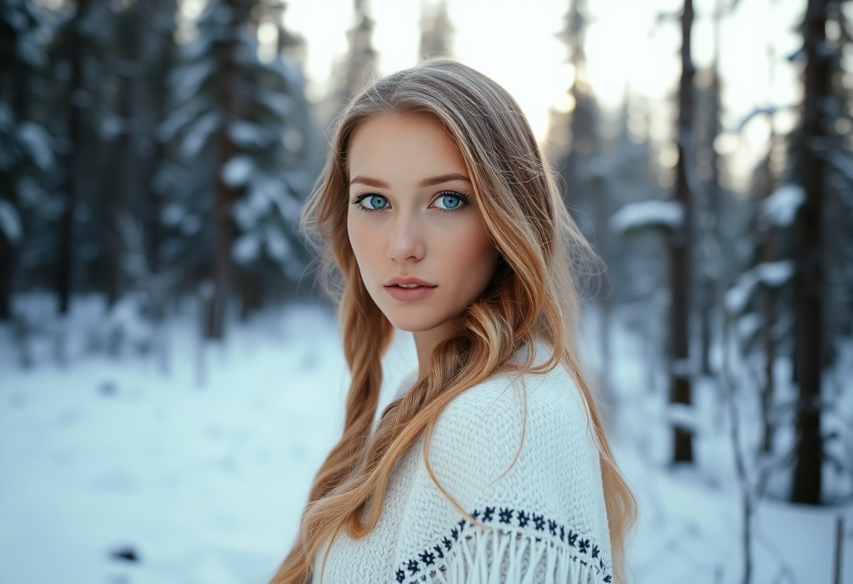 AI generated art for prompt: A portrait photograph reveals a Native American woman's enigmatic presence amidst a snow-clad forest