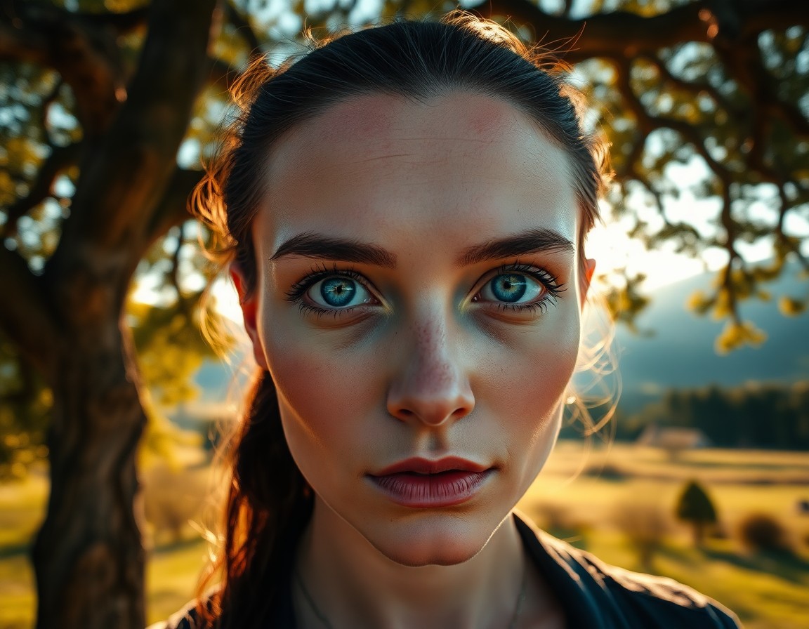 AI generated art for prompt: Photorealistic portrait of a contemplative Nordic woman with piercing blue eyes and raven hair pulle