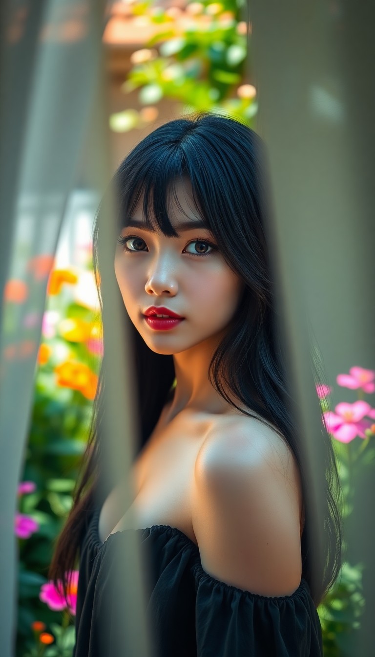 AI generated art for prompt: A portrait photograph of an enigmatic young East Asian woman with captivating hazel eyes and cascadi