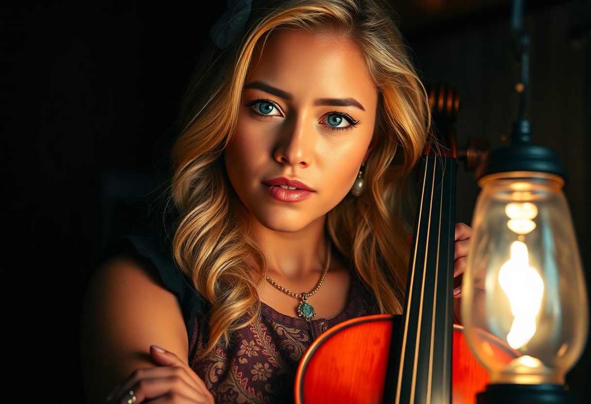 AI generated art for prompt: A photorealistic portrait photograph showcases a Pacific Islander female musician with vibrant blue 