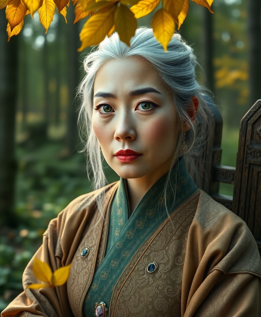 AI generated art for prompt: A super-realistic portrait showcases an astute East Asian woman with emerald eyes and silver hair st