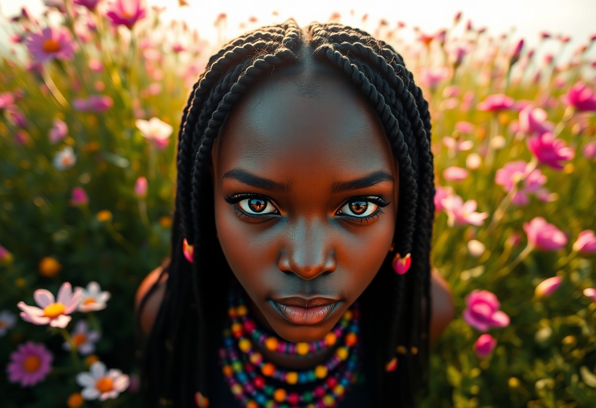 AI generated art for prompt: A captivating photorealistic portrait showcases a young African woman with rich dark skin and striki