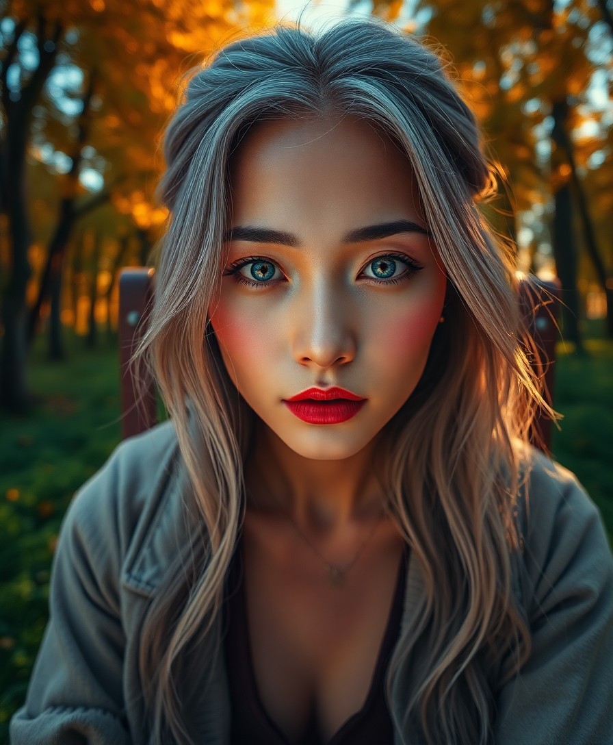 AI generated art for prompt: Envision a photorealistic portrait of an enigmatic East Asian woman with piercing blue eyes and porc