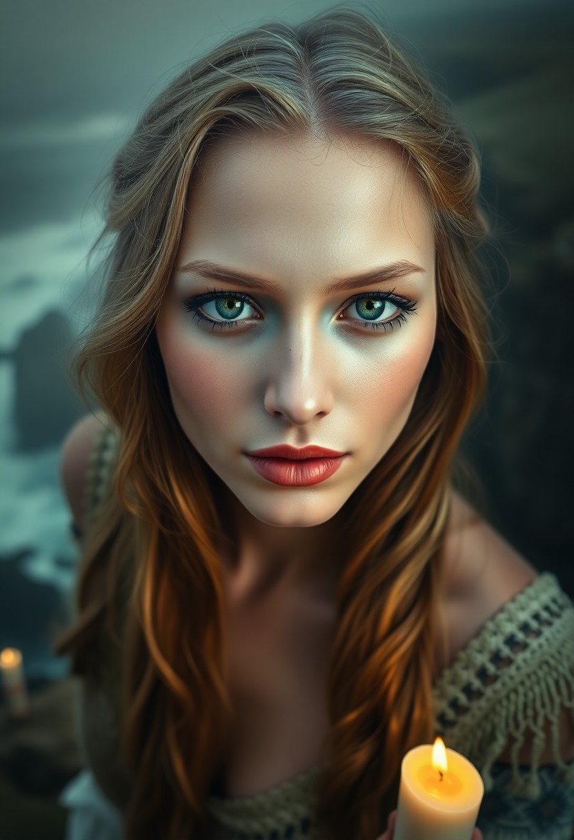 AI generated art for prompt: A photorealistic portrait photograph showcases a Native American goddess with striking green eyes an