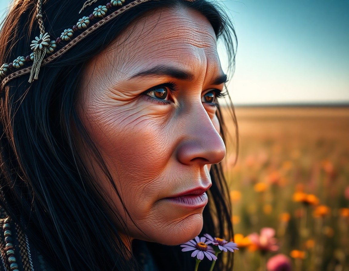 AI generated art for prompt: A photorealistic portrait photograph captures an enigmatic Native American woman with deep brown eye