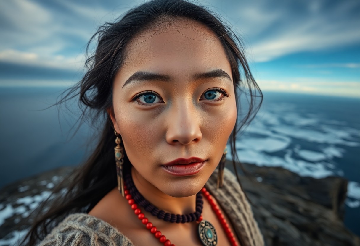 AI generated art for prompt: A portrait photograph showcases an enigmatic East Asian woman with piercing blue eyes and sun-kissed