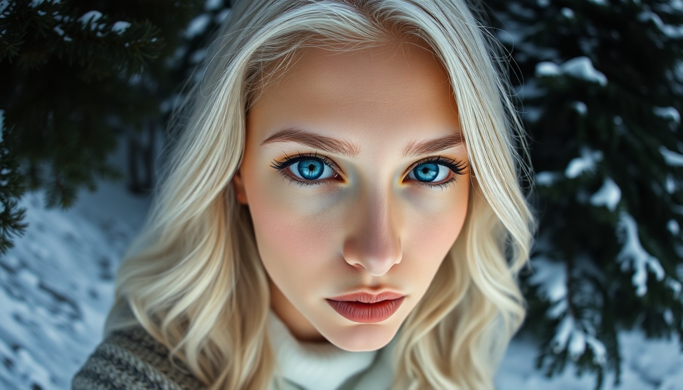 AI generated art for prompt: This captivating Hispanic woman with piercing blue eyes and long, wavy platinum hair is portrayed in