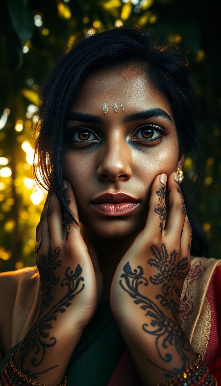 AI generated art for prompt: Craft a photorealistic portrait with a DSLR, capturing an enigmatic South Asian woman's captivating 