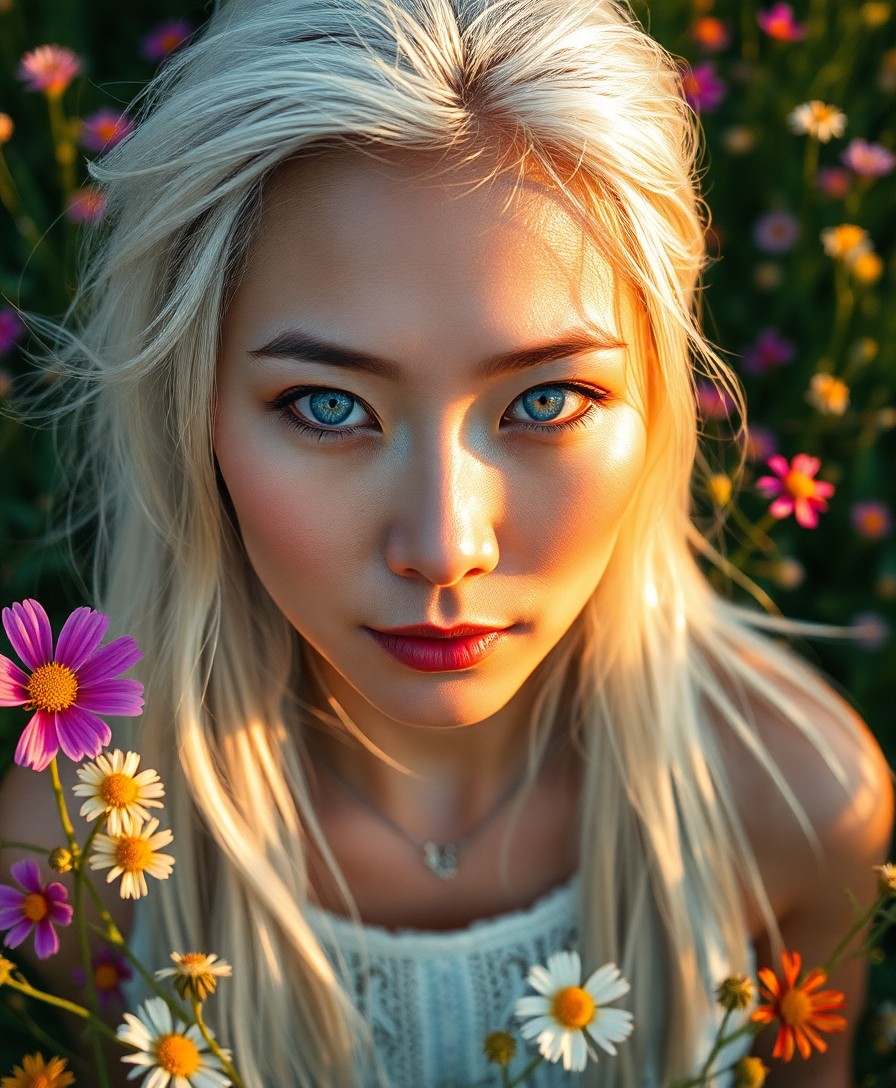 AI generated art for prompt: An aerial portrait photo captures an East Asian woman with piercing ice-blue eyes and flowing platin