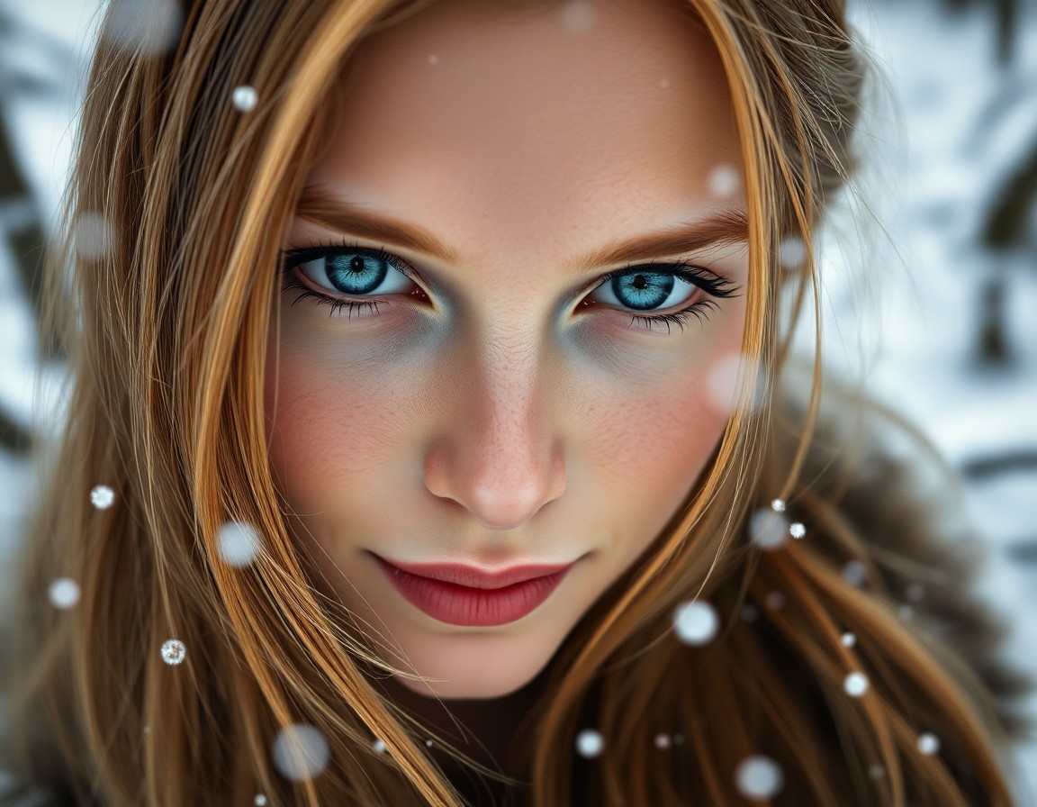 AI generated art for prompt: A super-realistic portrait showcases a captivating Nordic woman with piercing blue eyes and flowing 