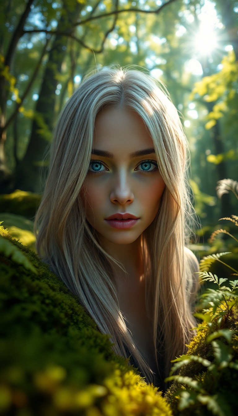 AI generated art for prompt: Craft an ultrarealistic portrait of a European woman with piercing blue eyes and long hair streaked 