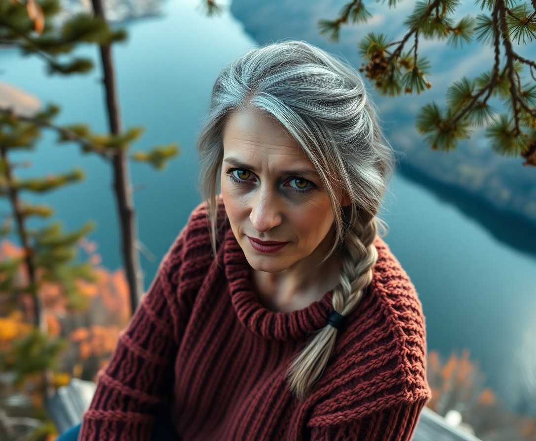 AI generated art for prompt: A photorealistic portrait photograph captures a wise Slavic woman with intense amber eyes and silver