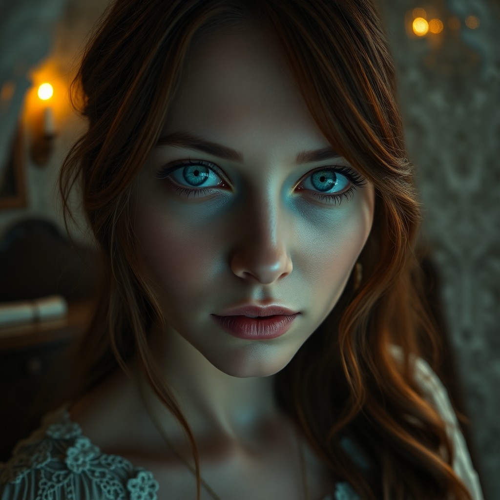 AI generated art for prompt: A hyperrealistic portrait showcases an enigmatic Nordic woman's introspective gaze, her piercing blu