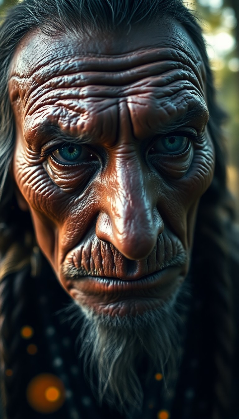 AI generated art for prompt: Imagine a photorealistic portrait of a wise Native American elder with piercing blue eyes, their gaz