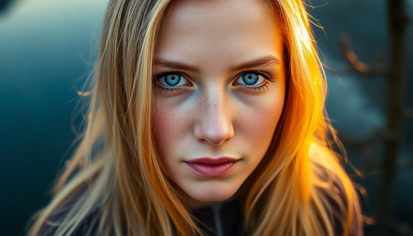 AI generated art for prompt: Craft a photorealistic portrait showcasing a Slavic woman's serene expression, her pale blue eyes an