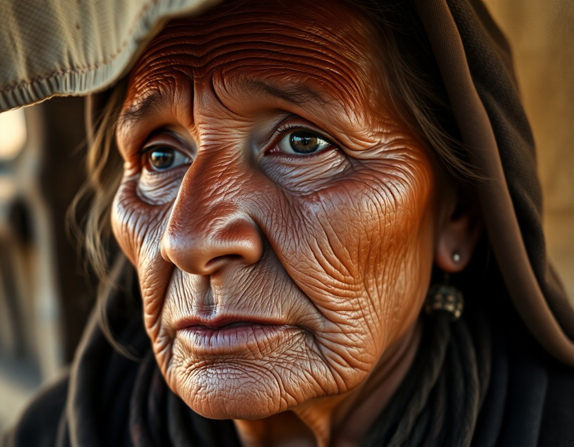 AI generated art for prompt: A photorealistic portrait photograph depicts an introspective Native American elder, her deep eyes f