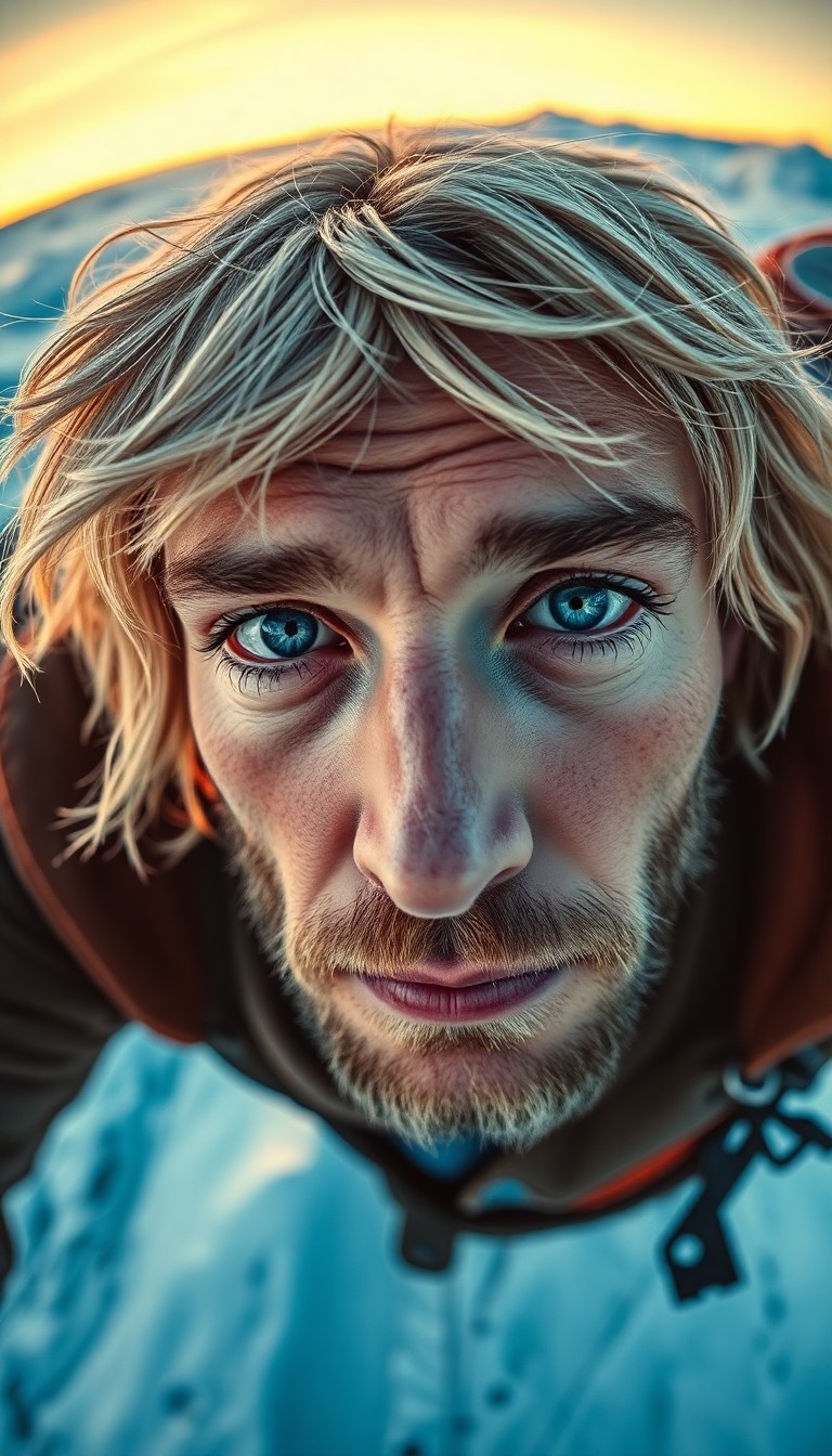 AI generated art for prompt: Craft a photorealistic portrait photograph of a Slavic adventurer with piercing blue eyes and tousle