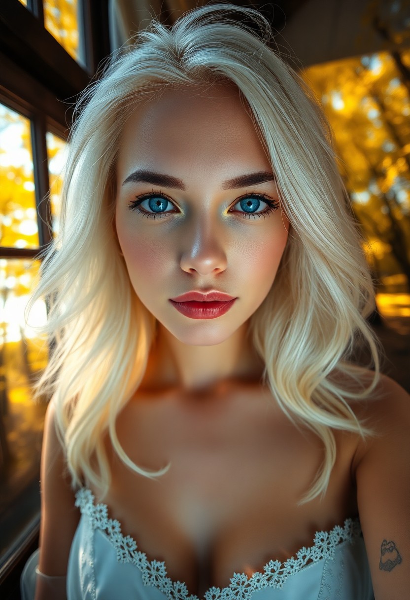 AI generated art for prompt: A photorealistic portrait photograph reveals a Hispanic woman's enigmatic allure with piercing blue 