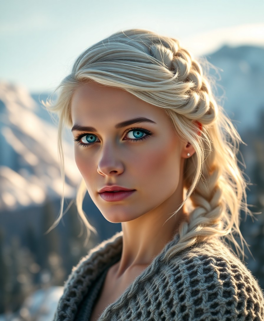 AI generated art for prompt: A portrait photograph showcases a stoic European woman with piercing blue eyes and platinum blonde h