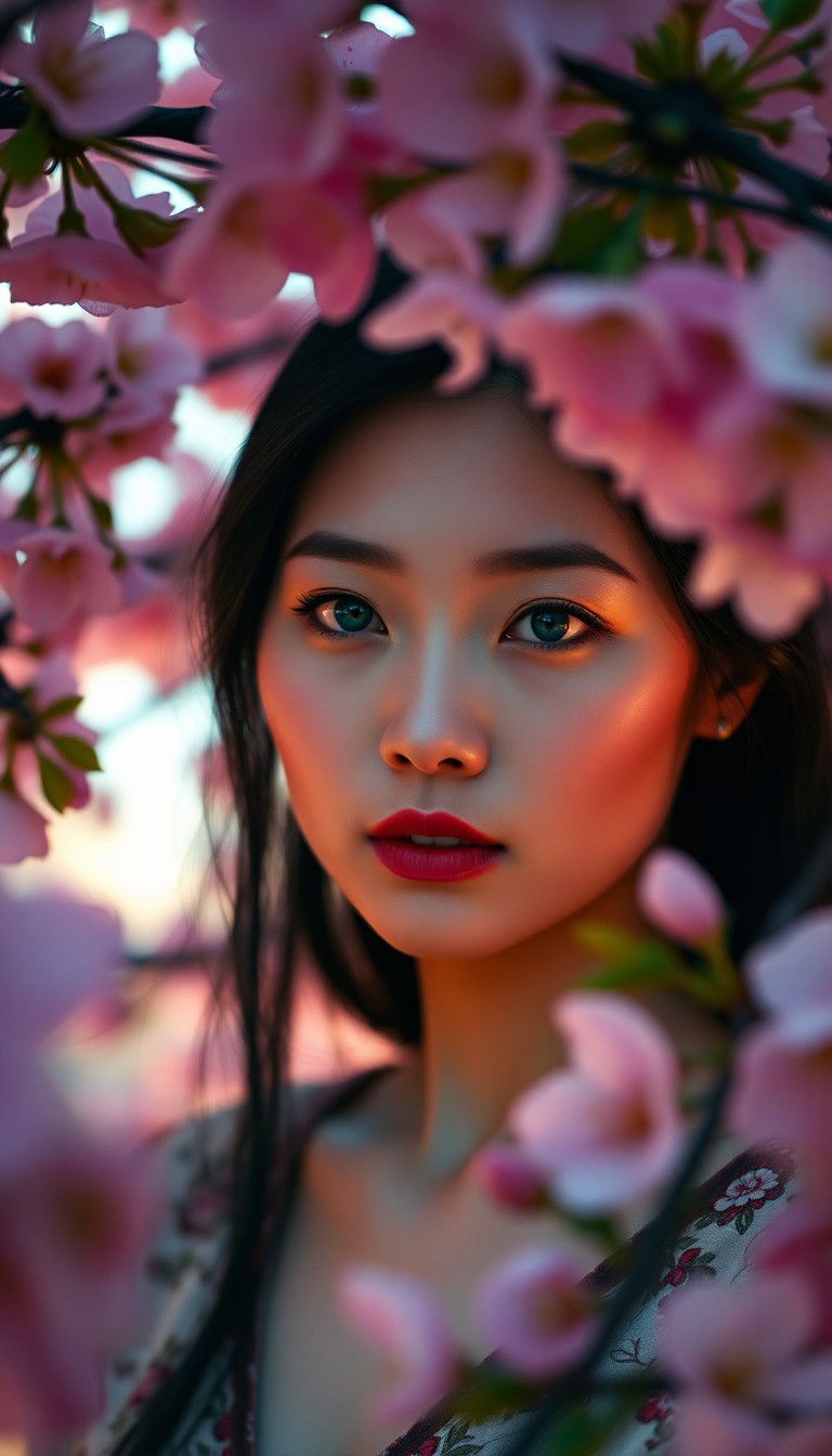 AI generated art for prompt: An East Asian woman's enigmatic presence is captured in a portrait photograph amidst vibrant cherry 