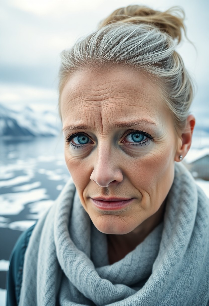 AI generated art for prompt: Photorealistic portrait of a 50-year-old Nordic woman with piercing ice-blue eyes and ash-blonde hai