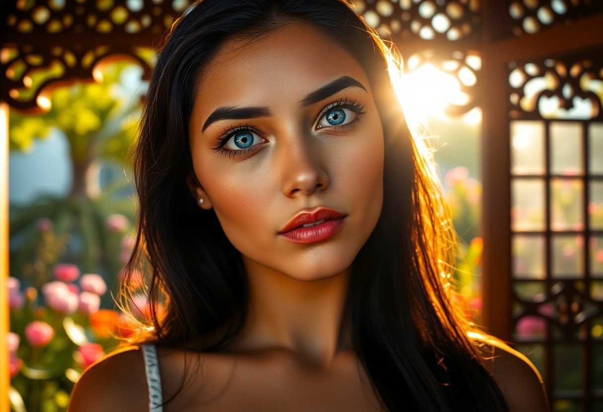 AI generated art for prompt: A photorealistic portrait of a Hispanic woman showcases her piercing blue eyes and jet-black hair, i