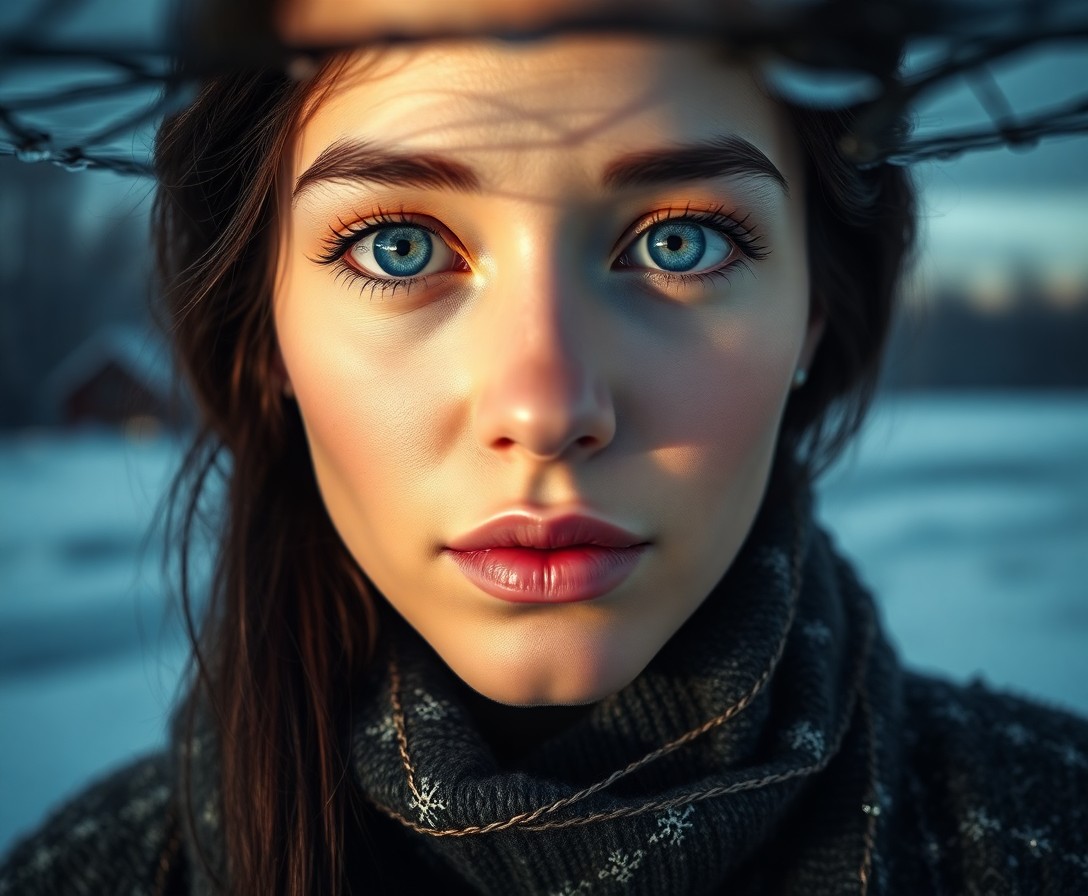 AI generated art for prompt: Imagine a captivating portrait photograph of a Hispanic woman with striking ice-blue eyes, set again