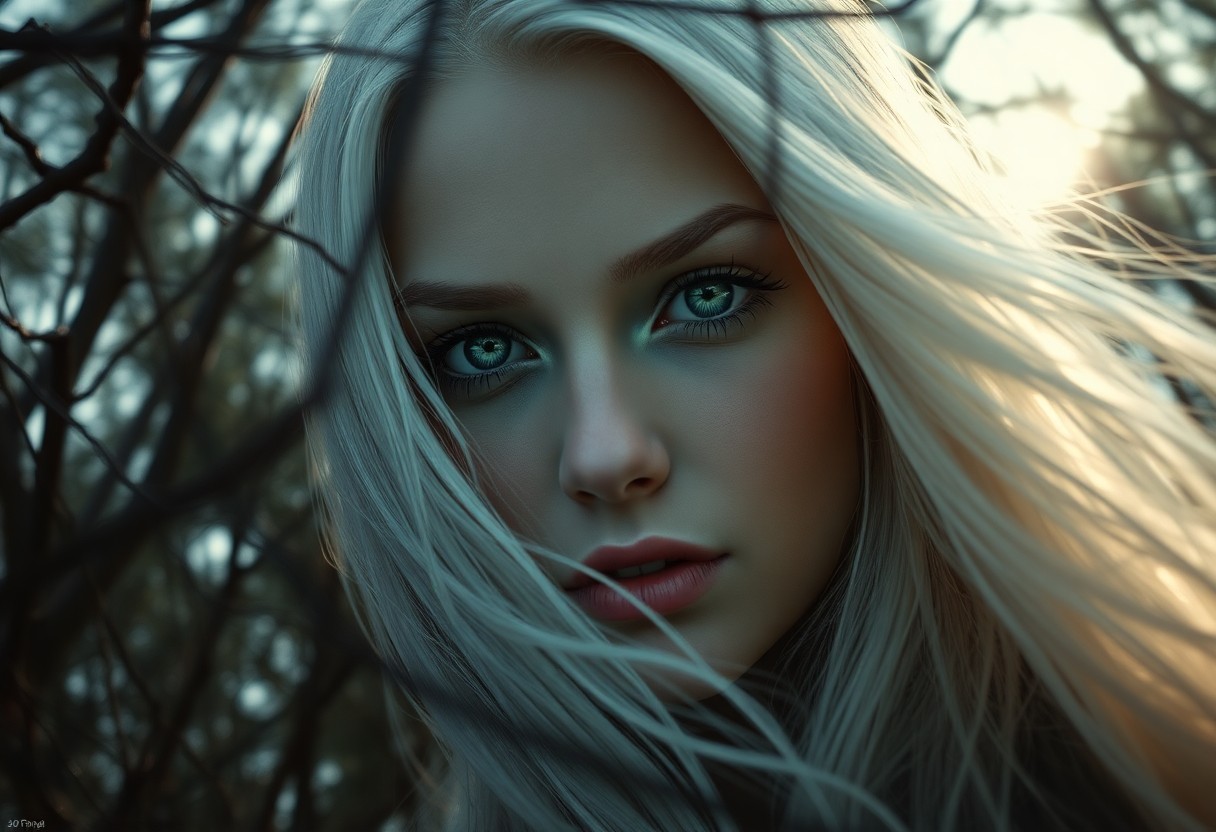 AI generated art for prompt: Envision a hyper-realistic portrait of an enigmatic Nordic woman with mesmerizing emerald eyes and f