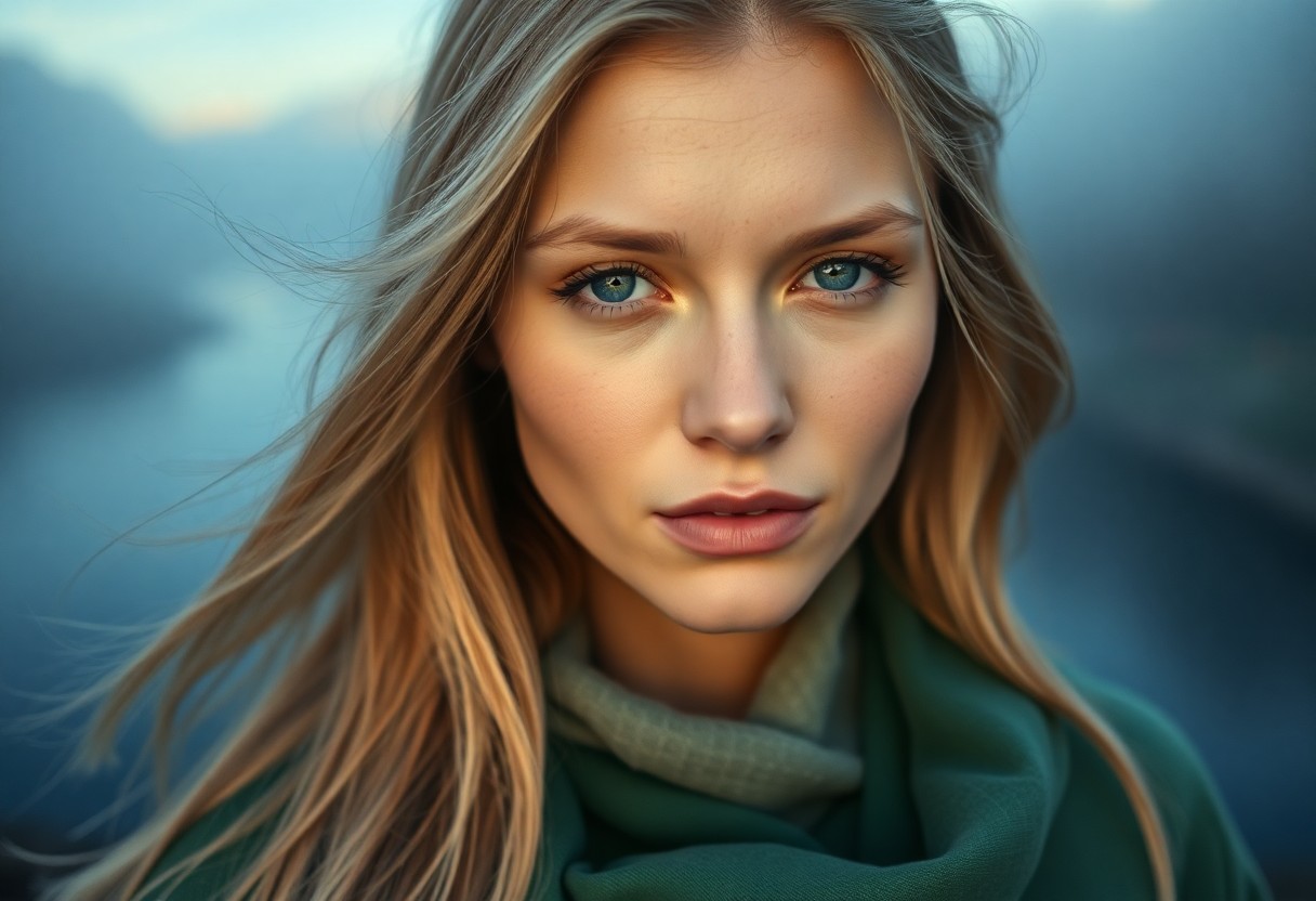 AI generated art for prompt: A serene Nordic woman with piercing ice-blue eyes and long, golden-blonde hair flowing gently in an 