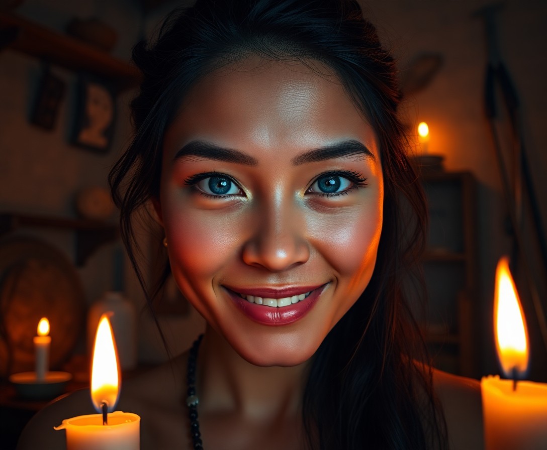 AI generated art for prompt: Craft an ultrarealistic portrait of a Pacific Islander woman with captivating blue eyes and an enigm