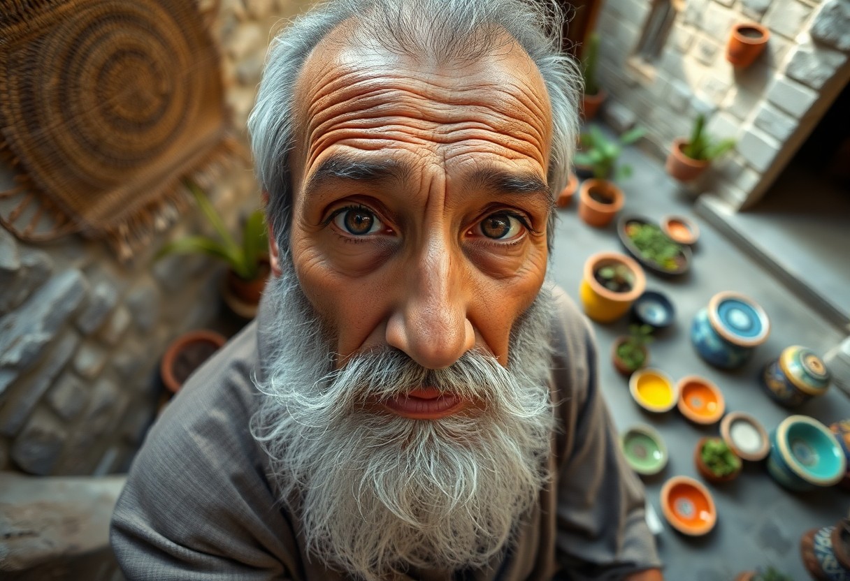 AI generated art for prompt: A photorealistic portrait, captured with a DSLR, depicts an elderly Middle Eastern man whose weather