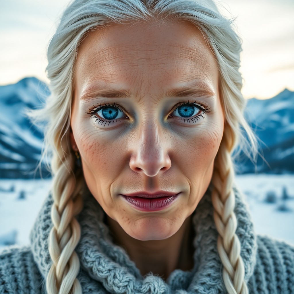 AI generated art for prompt: Craft a photorealistic portrait of a Native American woman with striking ice-blue eyes and cascading