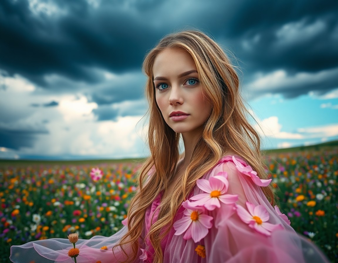 AI generated art for prompt: Craft a highly realistic portrait of an enchanting Slavic woman with sun-kissed skin, piercing blue 