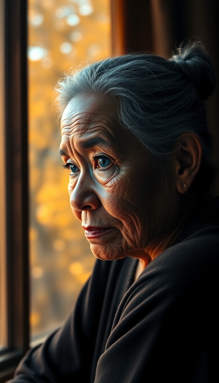 AI generated art for prompt: Envision a super-realistic portrait of an elderly Pacific Islander woman with striking blue eyes and