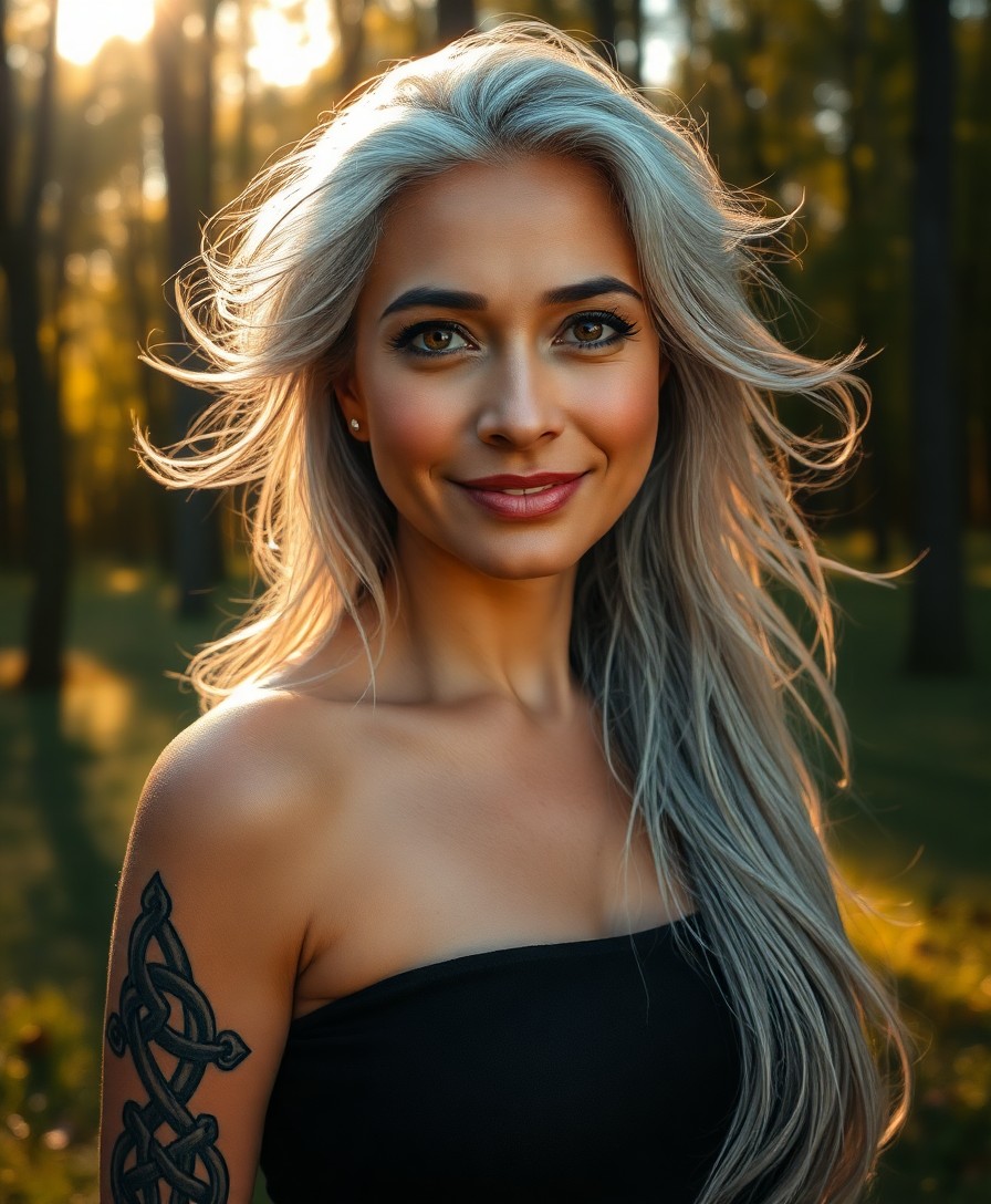 AI generated art for prompt: A hyperrealistic portrait captures a South Asian woman with striking amber eyes and silver hair flow