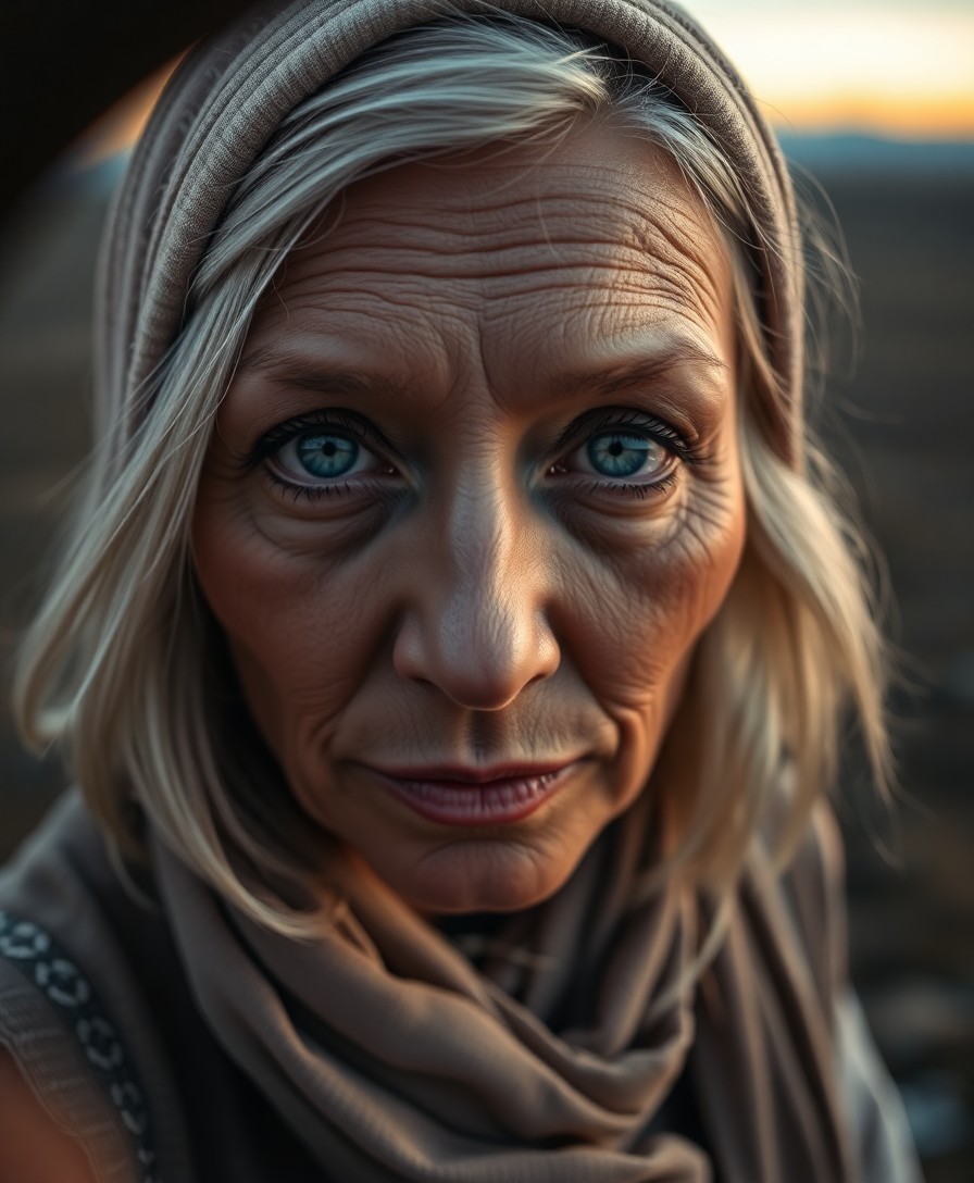 AI generated art for prompt: A photorealistic portrait photograph captures a wise Native American woman with piercing blue eyes a