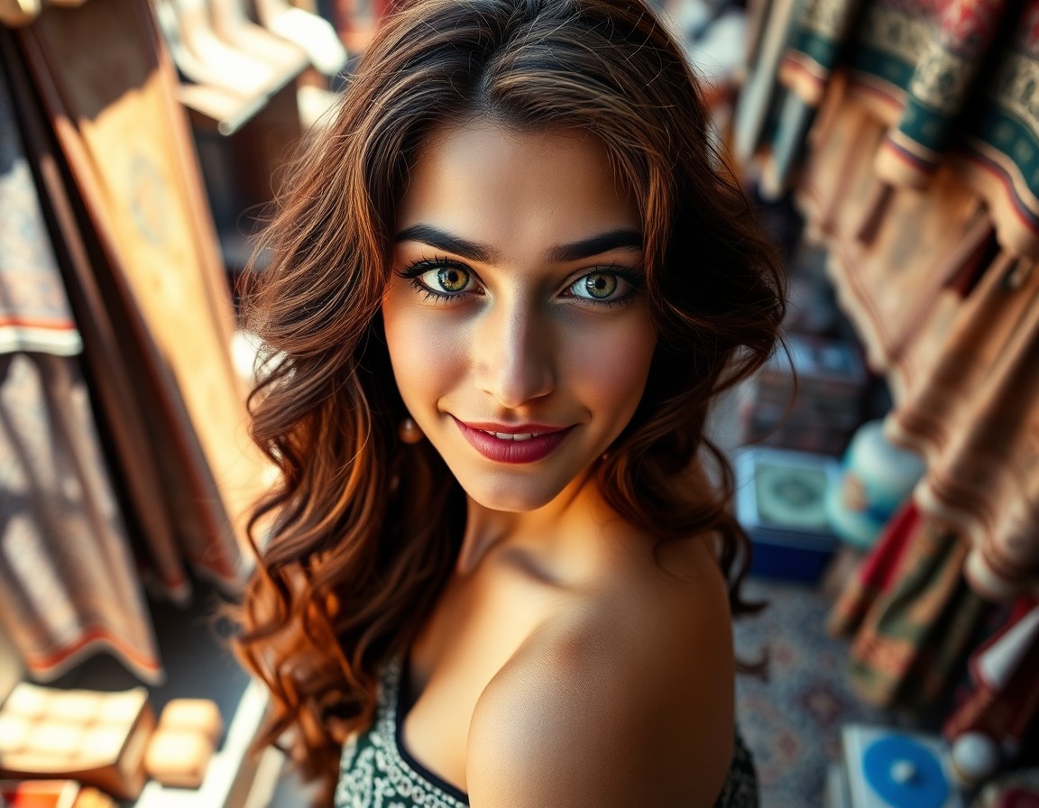 AI generated art for prompt: A portrait photograph showcases a young Middle Eastern woman with captivating eyes and wavy chestnut