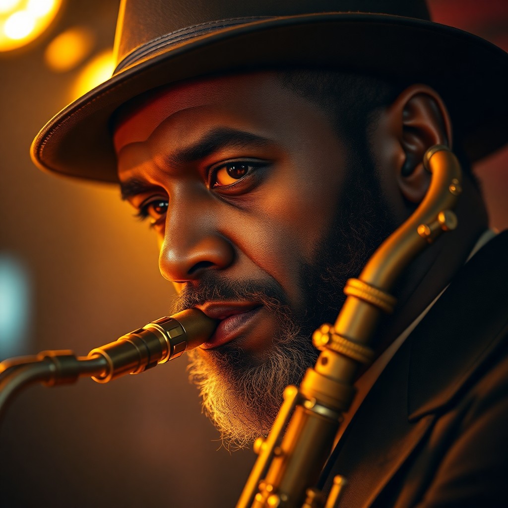 AI generated art for prompt: Craft a photorealistic portrait of an African-American jazz musician, exuding charisma with soulful 