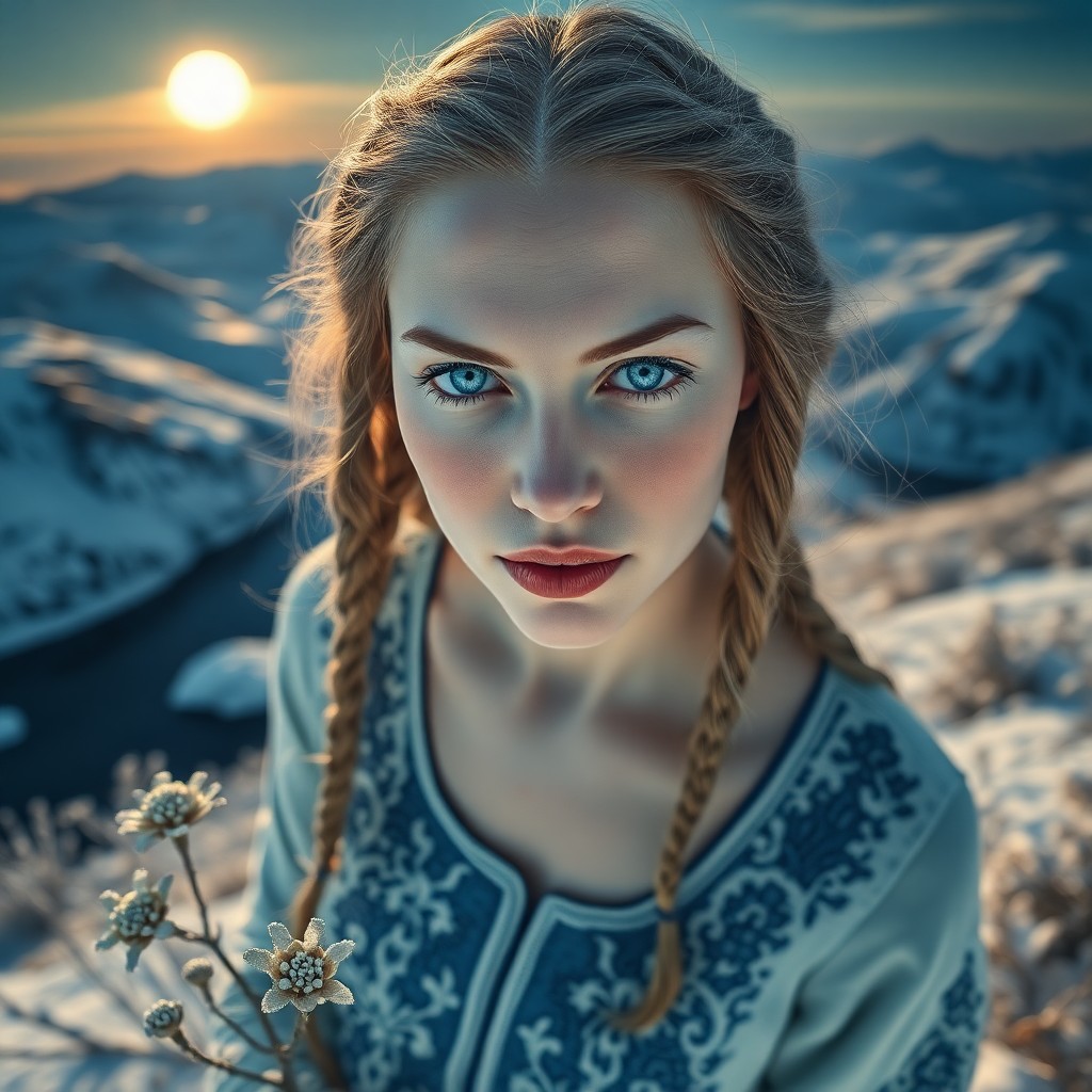 AI generated art for prompt: A photorealistic portrait showcases an enigmatic Nordic woman with porcelain skin and piercing turqu