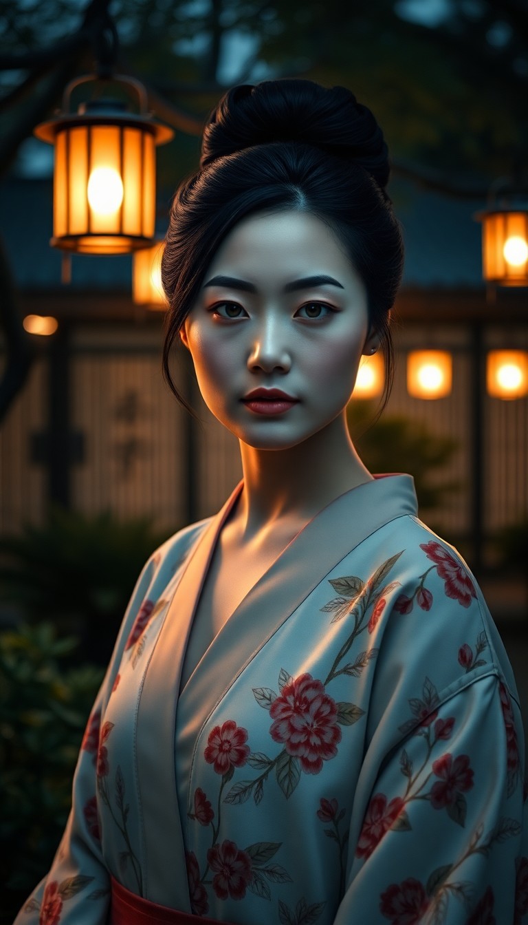 AI generated art for prompt: Visualize a portrait photograph of an enigmatic East Asian woman with porcelain skin and deep black 