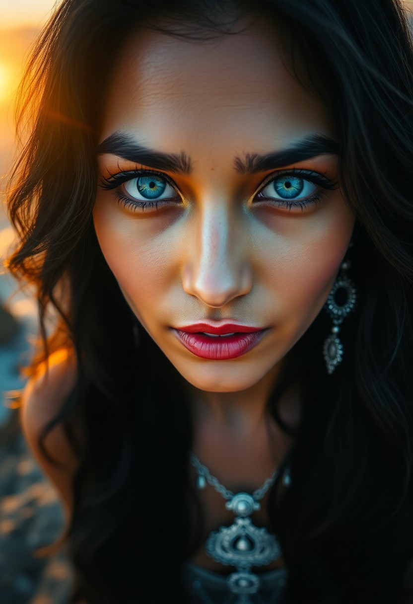 AI generated art for prompt: Imagine a captivating photorealistic portrait of an enigmatic South Asian woman, her icy blue eyes a