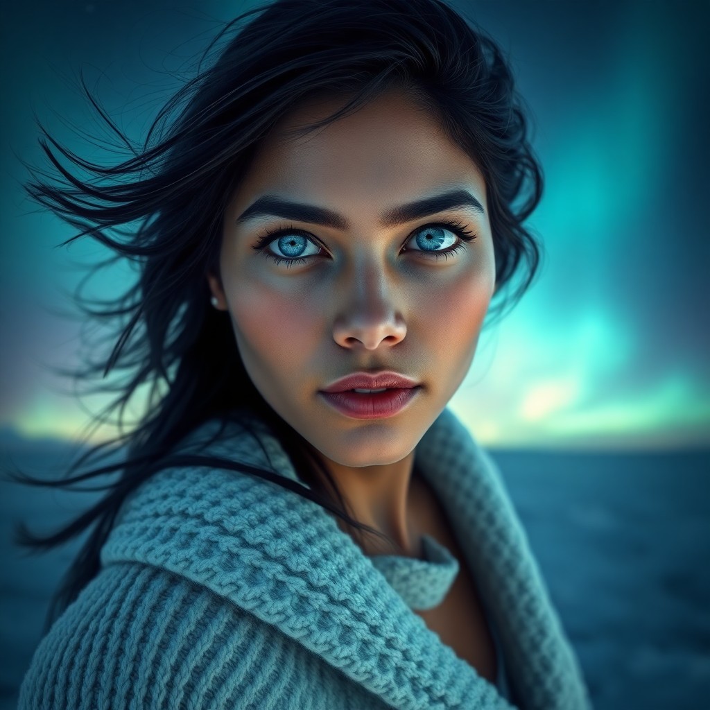 AI generated art for prompt: Craft a photorealistic portrait of a South Asian woman with mesmerizing ice-blue eyes and raven hair