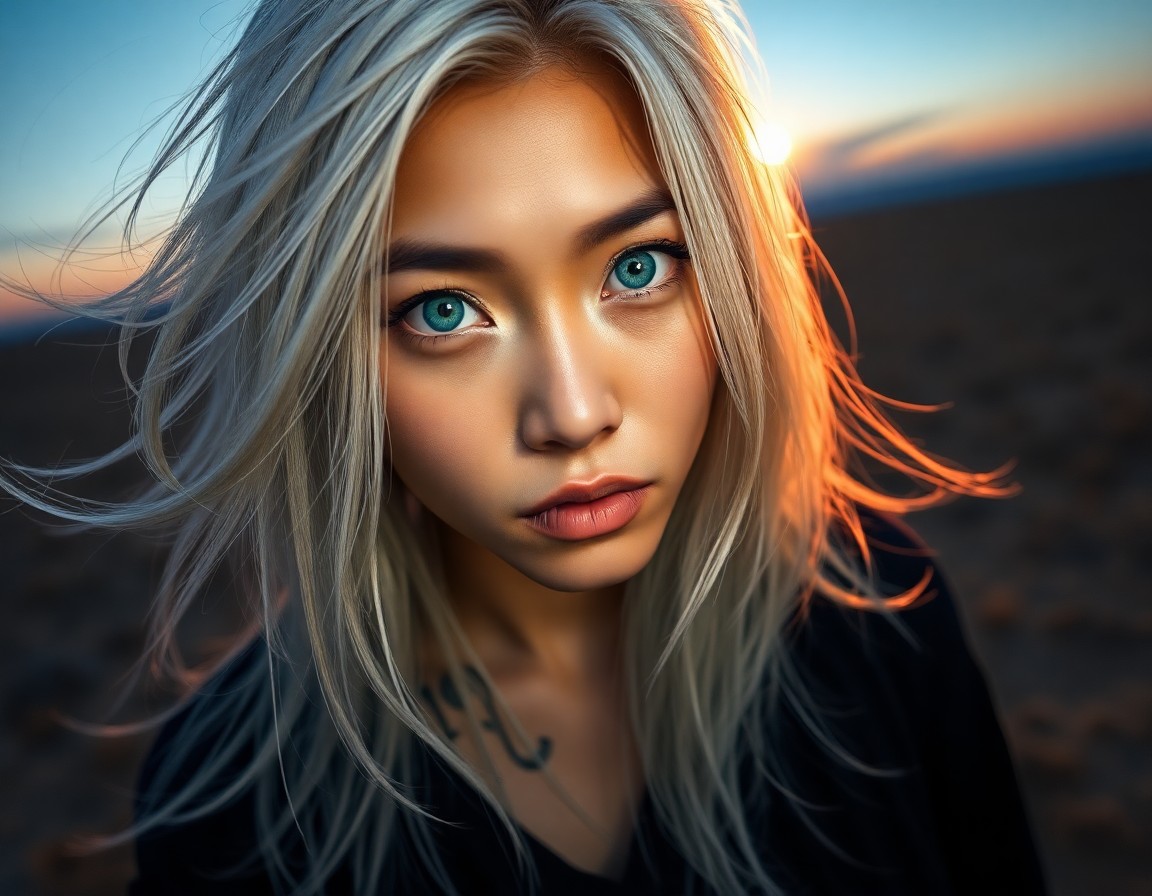 AI generated art for prompt: A hyperrealistic portrait of an enigmatic East Asian woman showcases her piercing emerald eyes and s