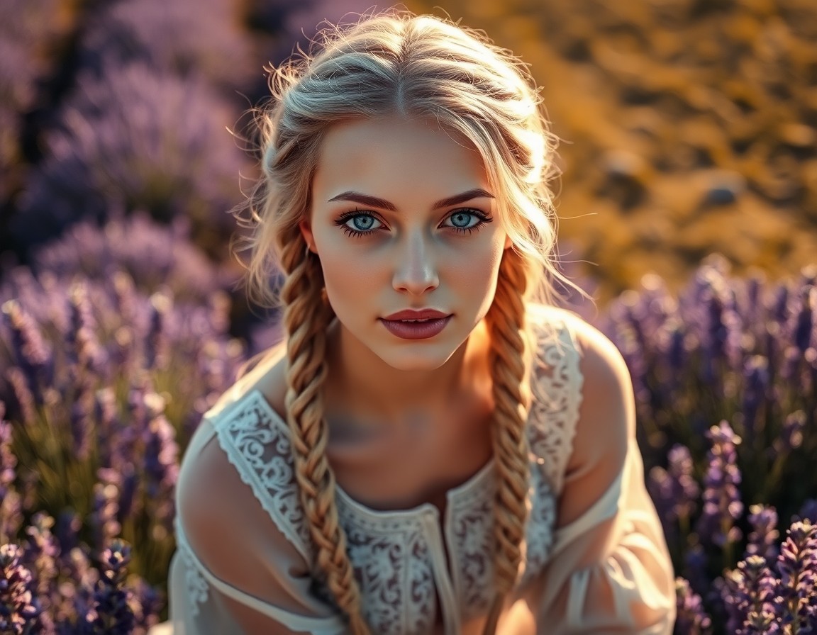 AI generated art for prompt: A photorealistic portrait of a serene European woman with fair skin and piercing blue eyes, graceful